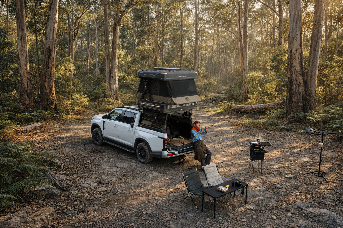 Wingman X with both levels deployed at a wooded campsite
