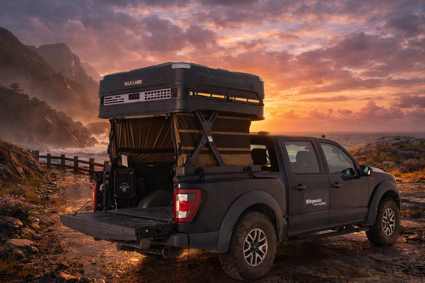 Wild Land Wingman X pickup truck camper system with rooftop tent