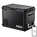ICECO VL45PLUS black portable fridge with doors closed and app control illustration