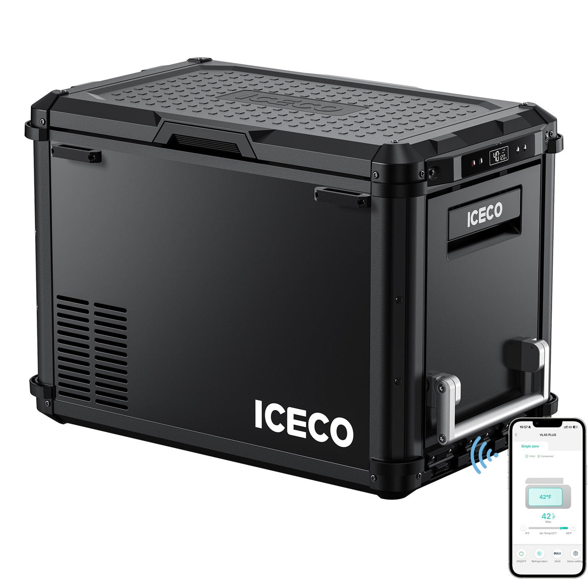ICECO VL45PLUS black portable fridge with doors closed and app control illustration