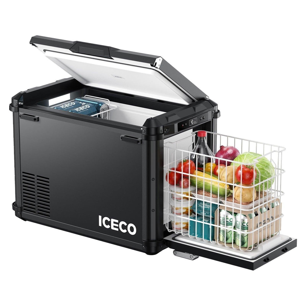 ICECO VL45PLUS with its top lid, side door and pull-out basket open