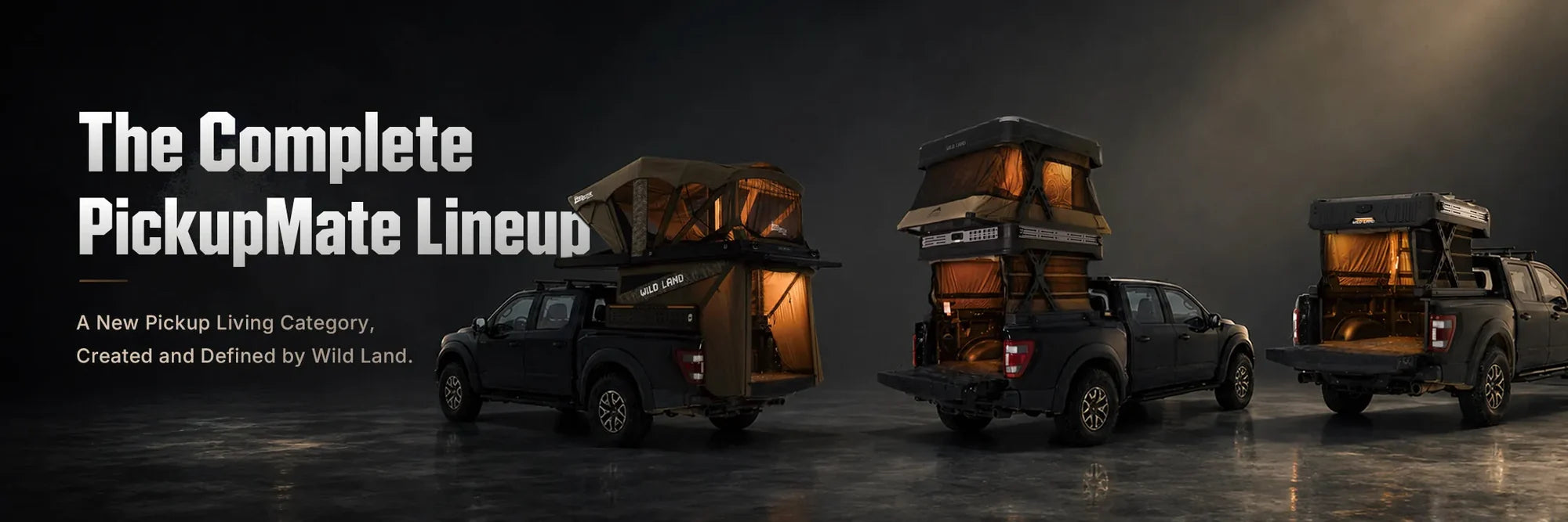 The complete Wild Land PickupMate lineup: Trunk, Wingman X and WinTopper on pickup trucks