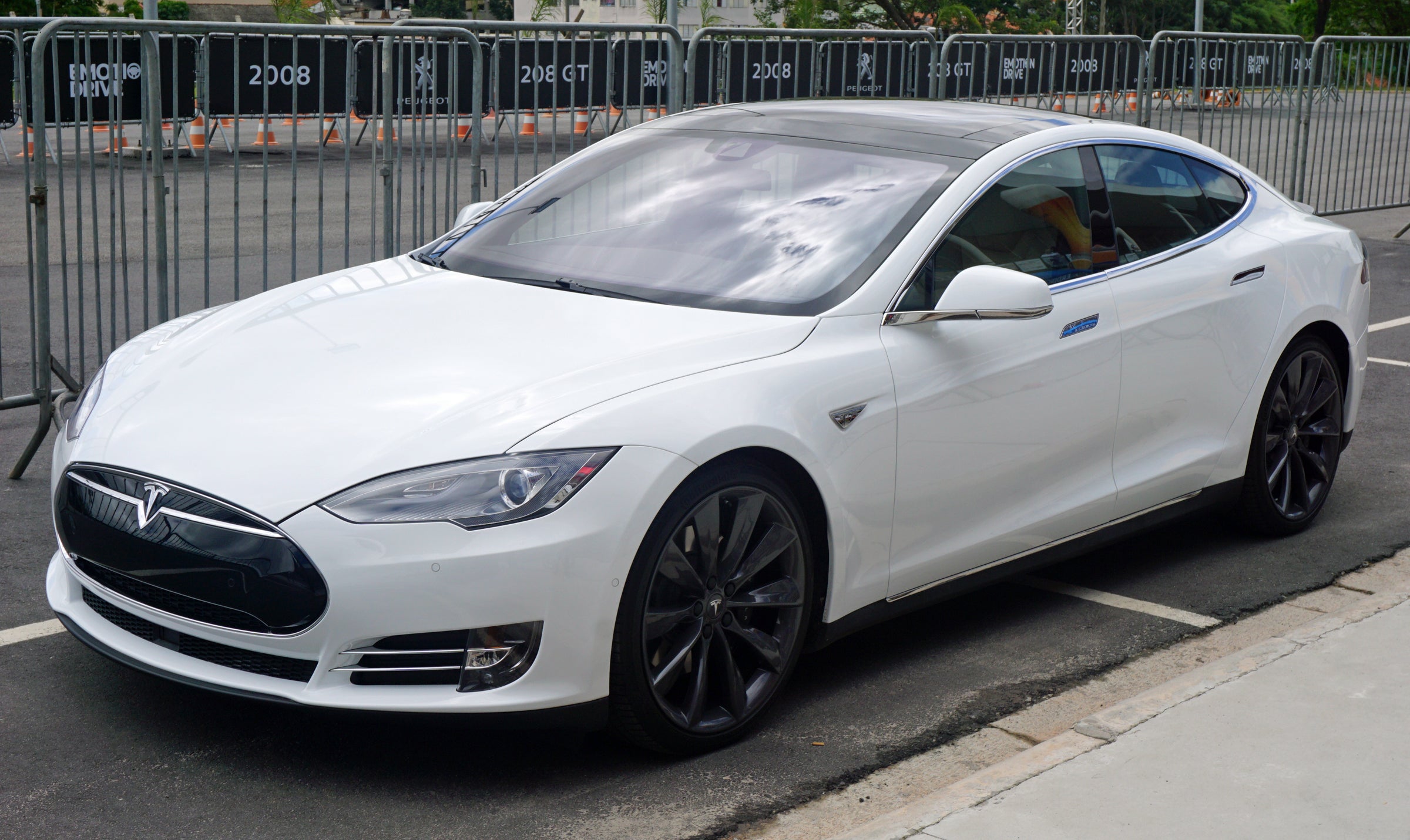 White Tesla Model S, front three-quarter view